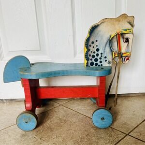 Antique Child's Riding Horse‎ Wooden Toy Handmade Wood Wheels 1940's